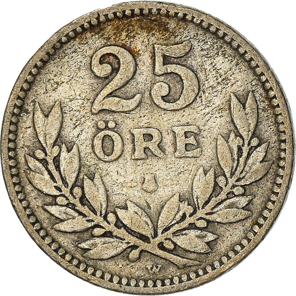 Swedish Coin 25 Öre | King Gustaf V | Shield | Sweden | 1910 - 1941