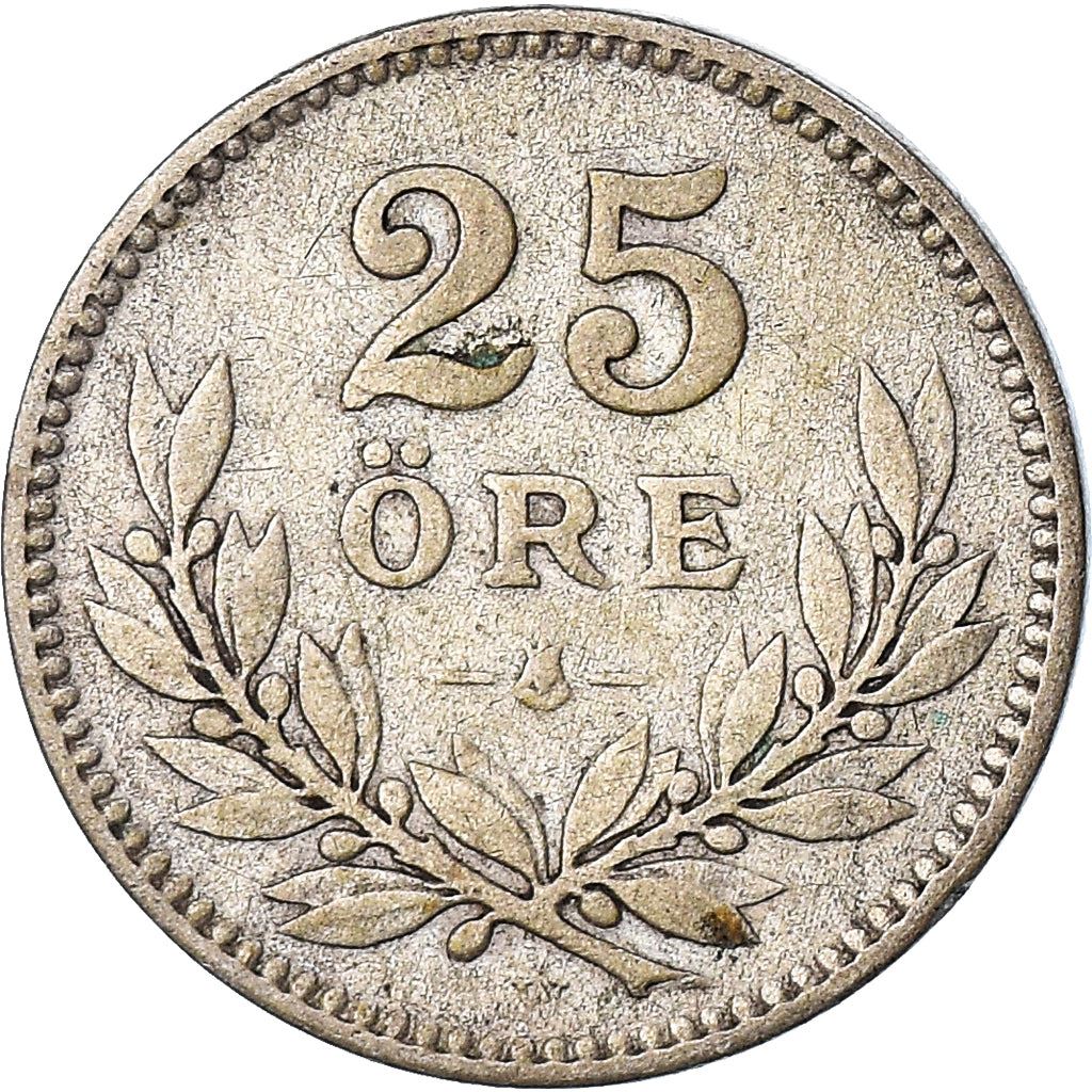 Swedish Coin 25 Öre | King Gustaf V | Shield | Sweden | 1910 - 1941