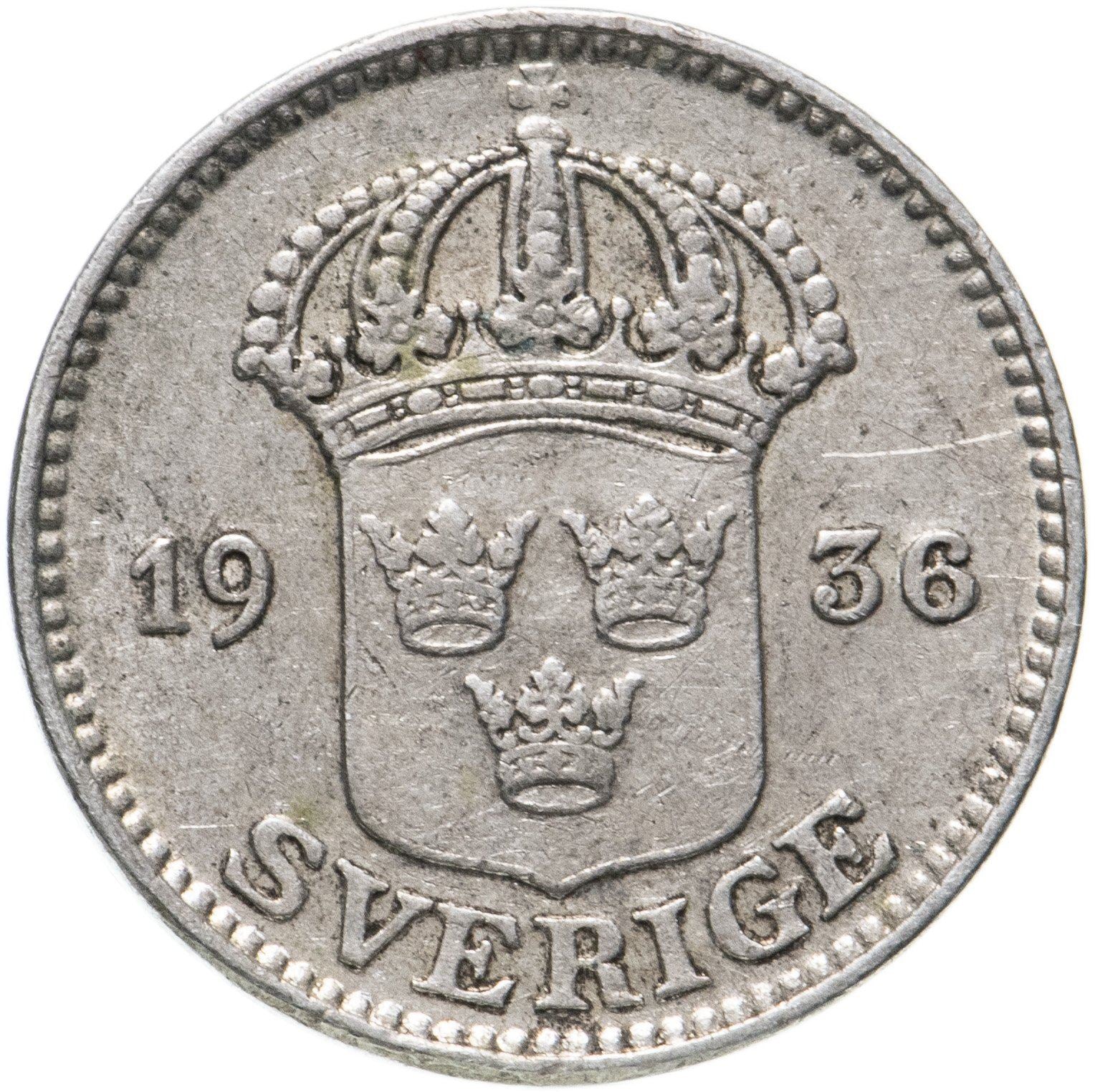 Swedish Coin 25 Öre | King Gustaf V | Shield | Sweden | 1910 - 1941