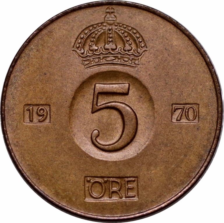 Swedish Coin 5 Öre | Gustaf VI Adolf | Crown | Sweden | 1952 - 1971