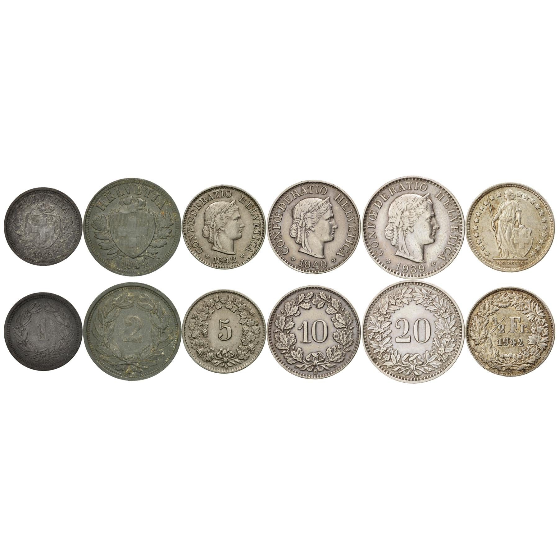 Swiss 6 Coin Set 1 2 5 10 20 Rappen 1/2 Franc | Libertas | Helvetia | Switzerland | 1939 - 1947