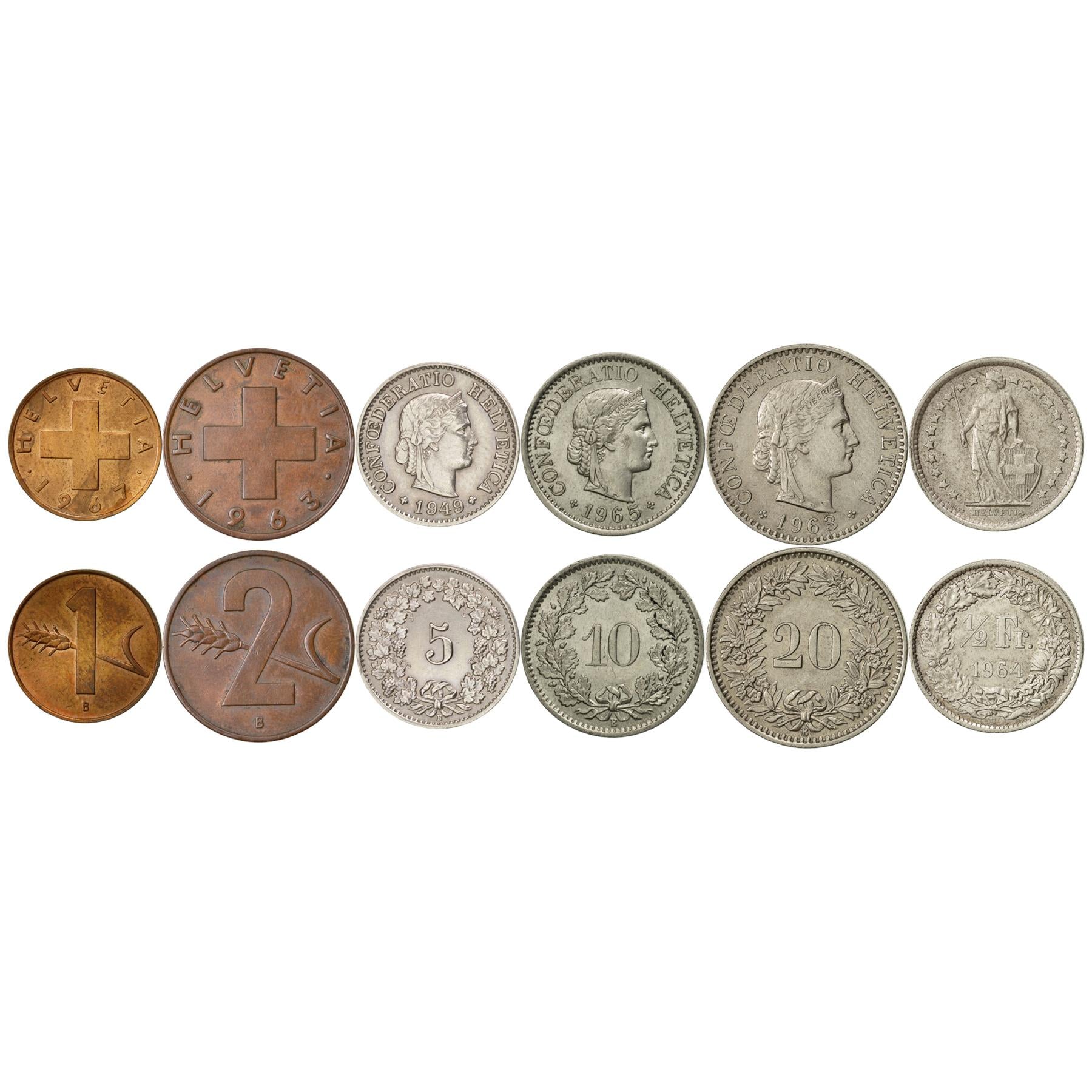 Swiss 6 Coin Set 1 2 5 10 20 Rappen 1/2 Franc | Wheat | Libertas | Helvetia | Switzerland | 1948 - 1967