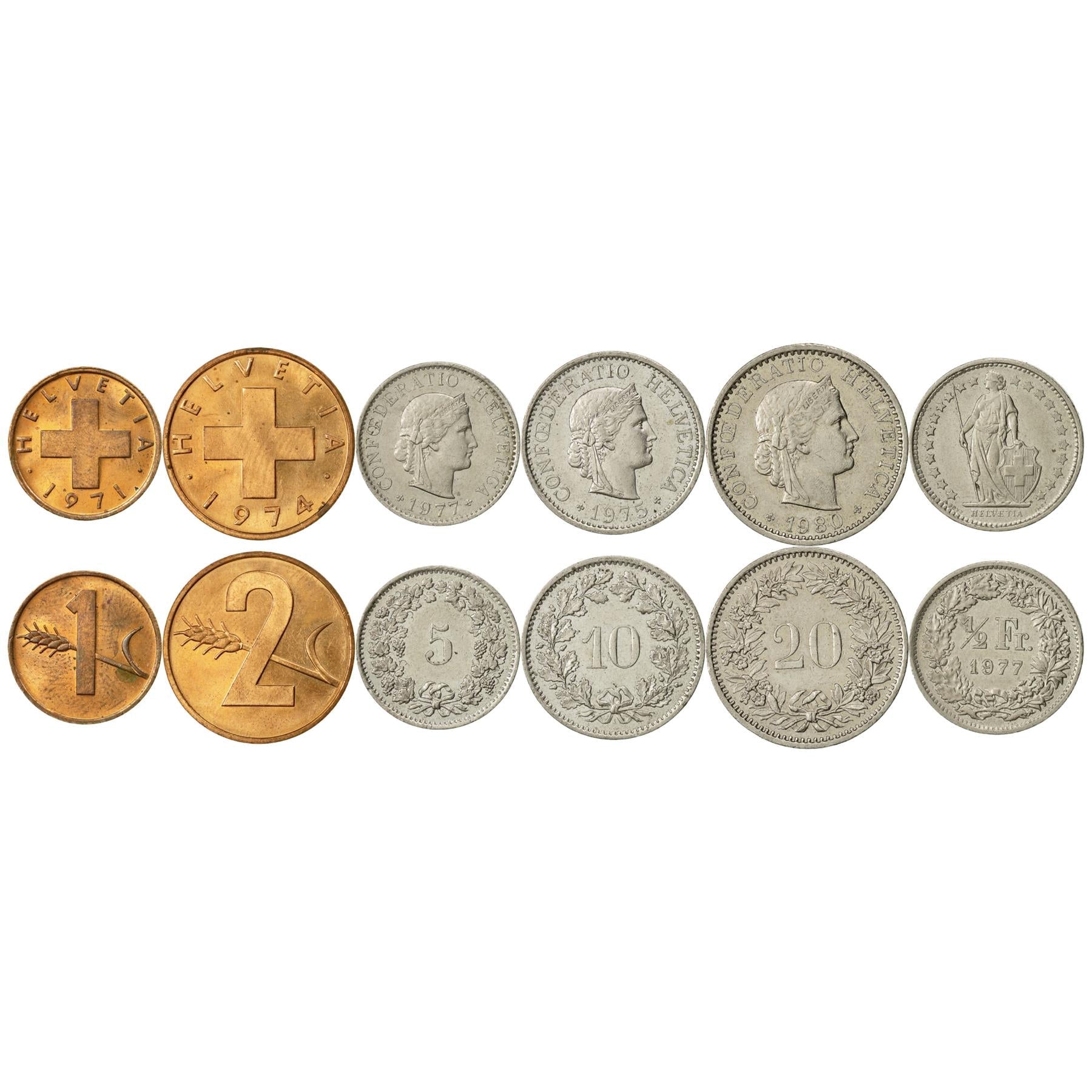 Swiss 6 Coin Set 1 2 5 10 20 Rappen 1/2 Franc | Wheat | Libertas | Helvetia | Switzerland | 1968 - 1980