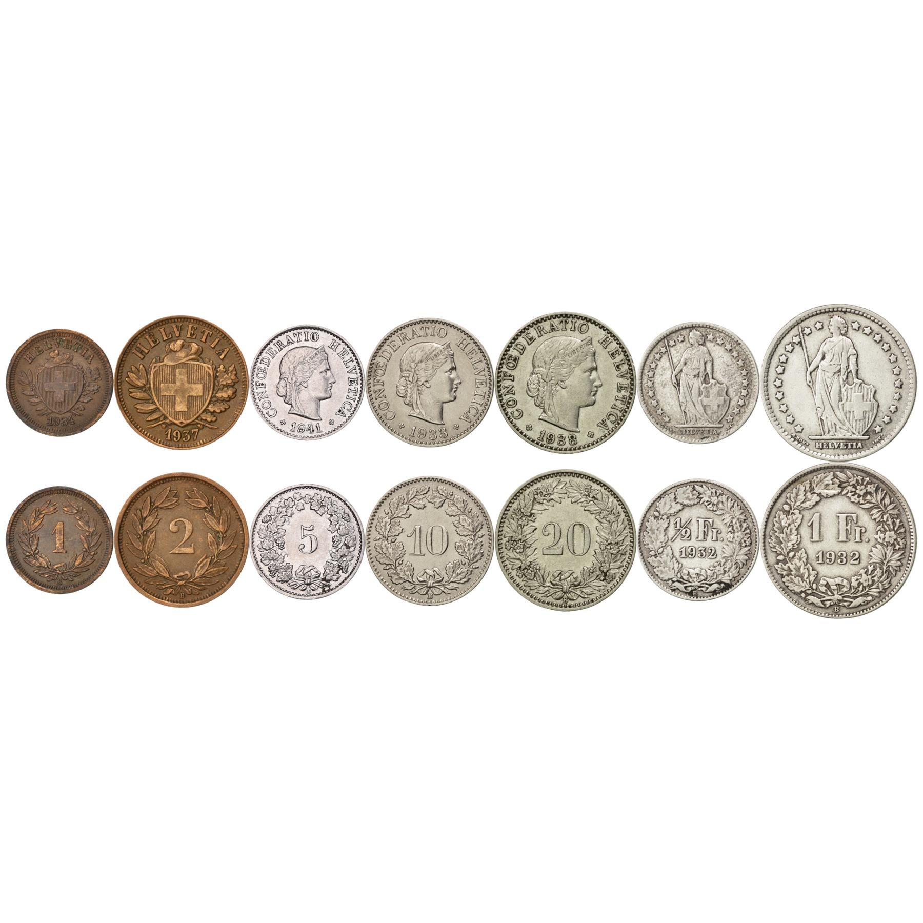 Swiss 7 Coin Set 1 2 5 10 20 Rappen 1/2 1 Franc | Libertas | Helvetia | Switzerland | 1931 - 1941