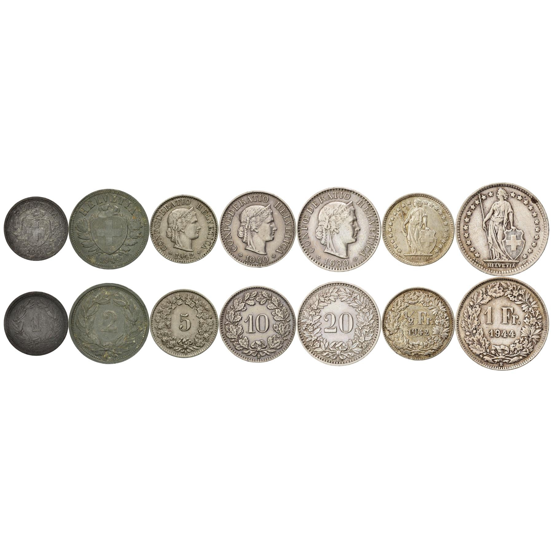 Swiss 7 Coin Set 1 2 5 10 20 Rappen 1/2 1 Franc | Libertas | Helvetia | Switzerland | 1939 - 1947