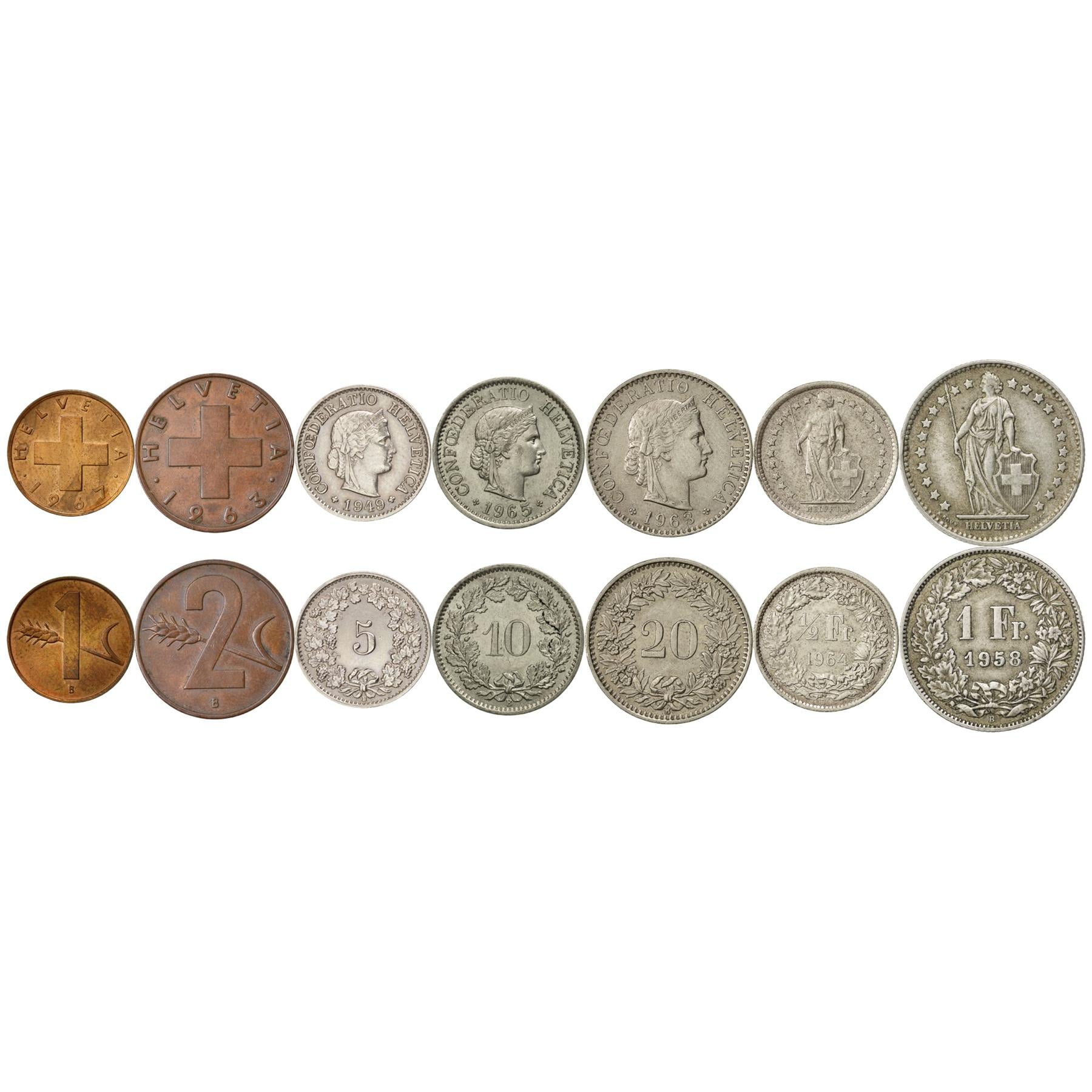 Swiss 7 Coin Set 1 2 5 10 20 Rappen 1/2 1 Franc | Wheat | Libertas | Helvetia | Switzerland | 1948 - 1967