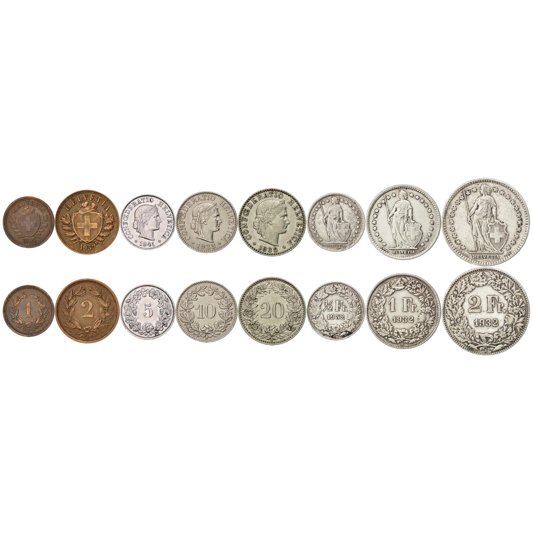 Swiss 8 Coin Set 1 2 5 10 20 Rappen 1/2 1 2 Francs | Libertas | Helvetia | Switzerland | 1931 - 1941