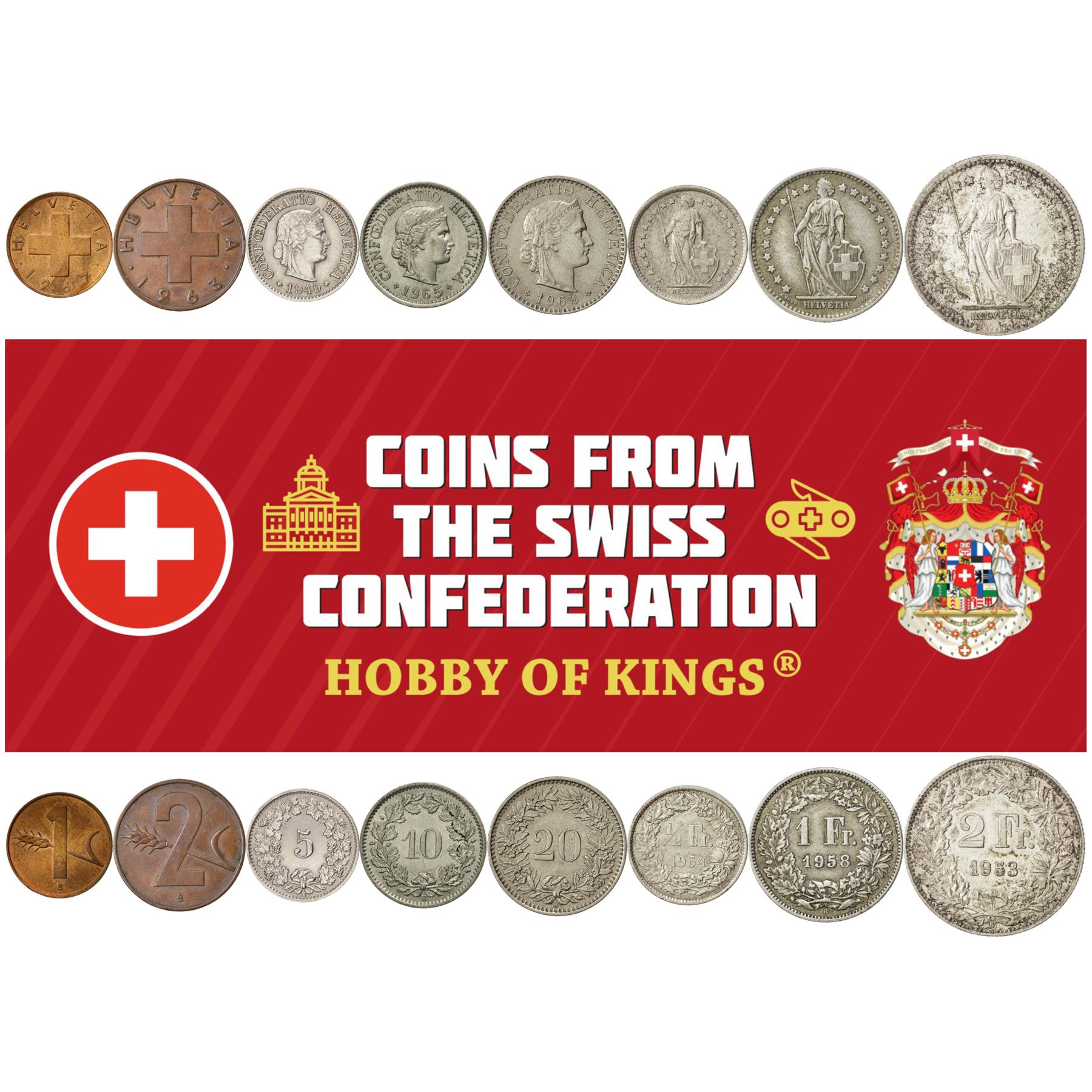 Swiss 8 Coin Set 1 2 5 10 20 Rappen 1/2 1 2 Francs | Wheat | Libertas | Helvetia | Switzerland | 1948 - 1967