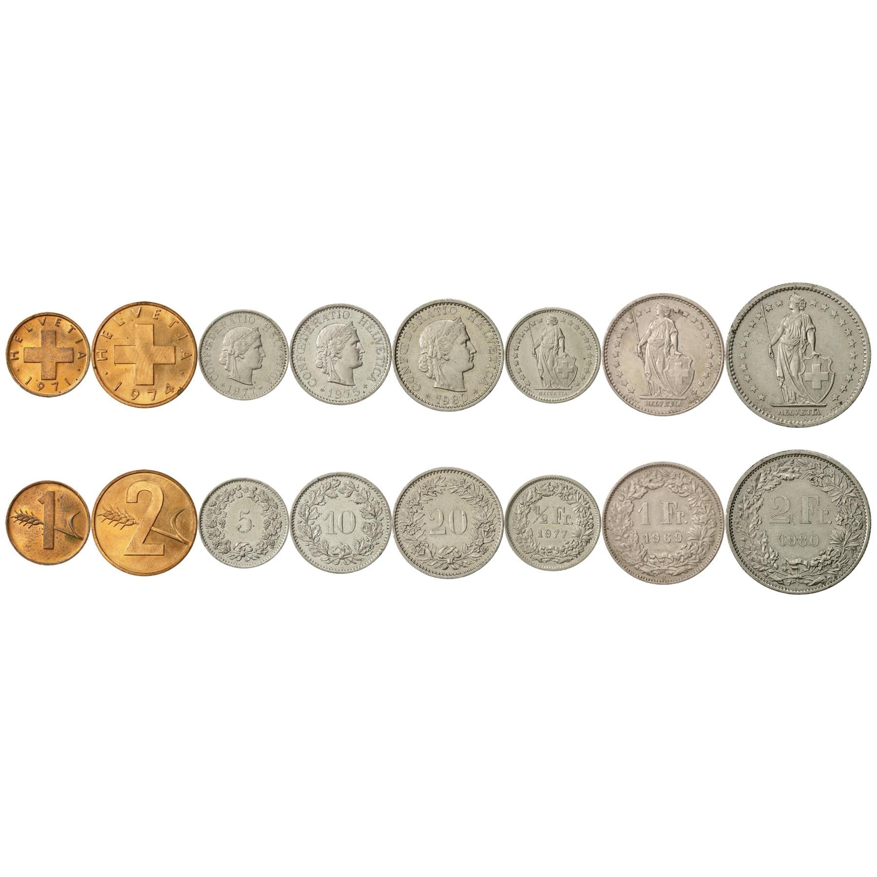 Swiss 8 Coin Set 1 2 5 10 20 Rappen 1/2 1 2 Francs | Wheat | Libertas | Helvetia | Switzerland | 1968 - 1980