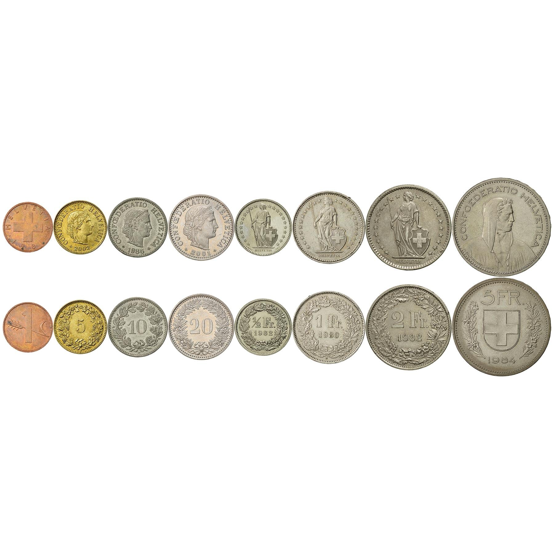 Swiss 8 Coin Set 1 5 10 20 Rappen 1/2 1 2 5 Francs | Paul Burkhard | Wheat | Libertas | Helvetia | Switzerland | 1981 - 2023