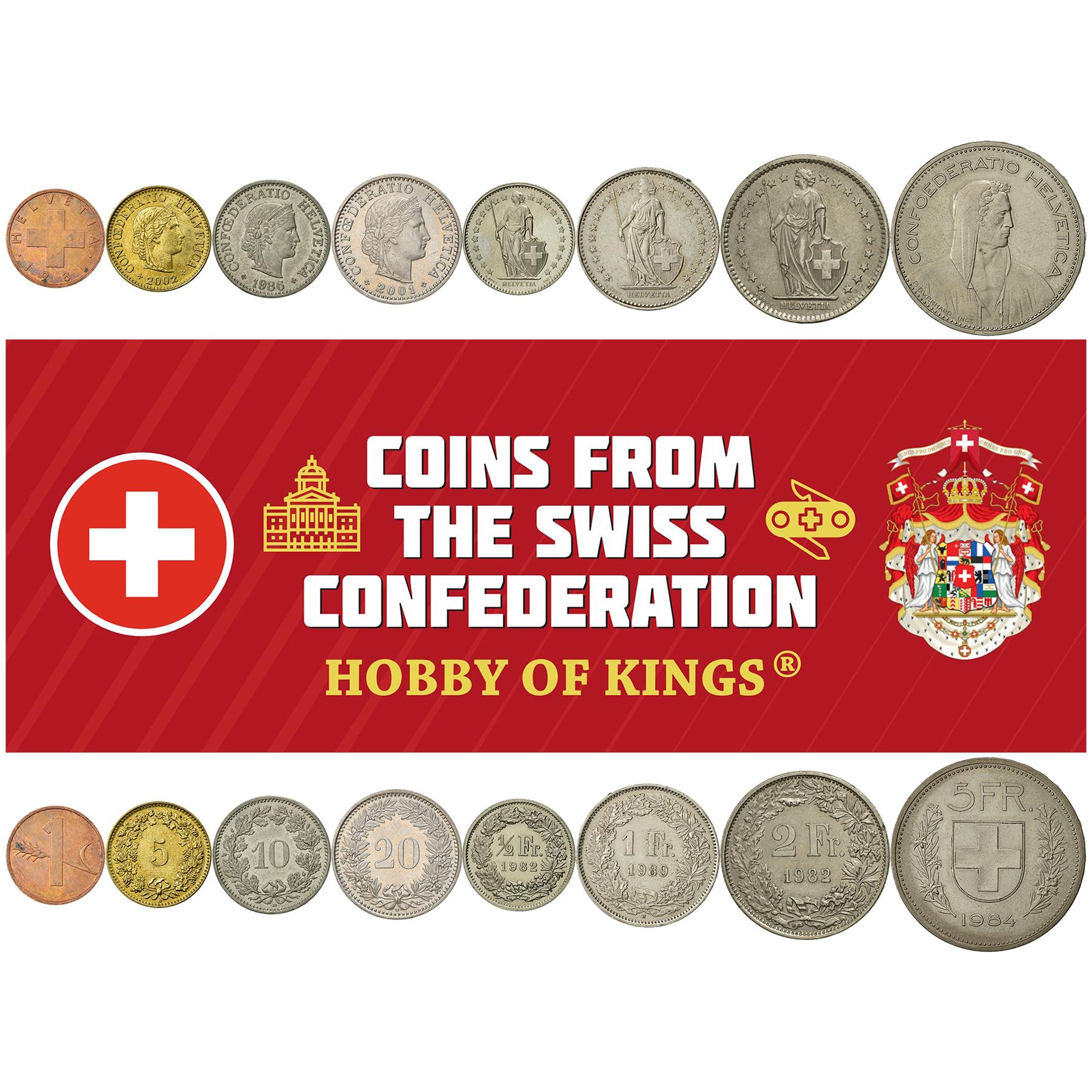 Swiss 8 Coin Set 1 5 10 20 Rappen 1/2 1 2 5 Francs | Paul Burkhard | Wheat | Libertas | Helvetia | Switzerland | 1981 - 2023