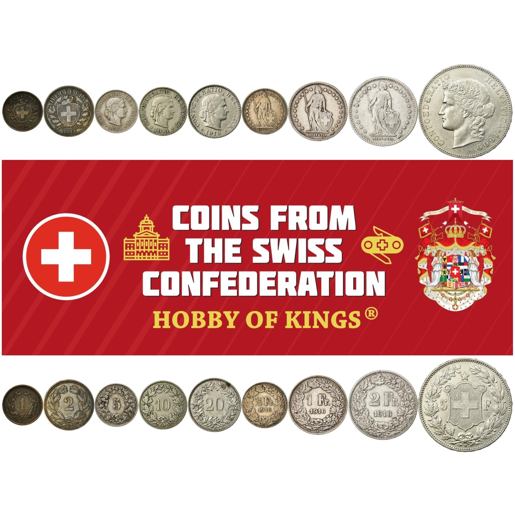 Swiss 9 Coin Set 1 2 5 10 20 Rappen 1/2 1 2 5 Francs | Libertas | Helvetia | Switzerland | 1874 - 1916