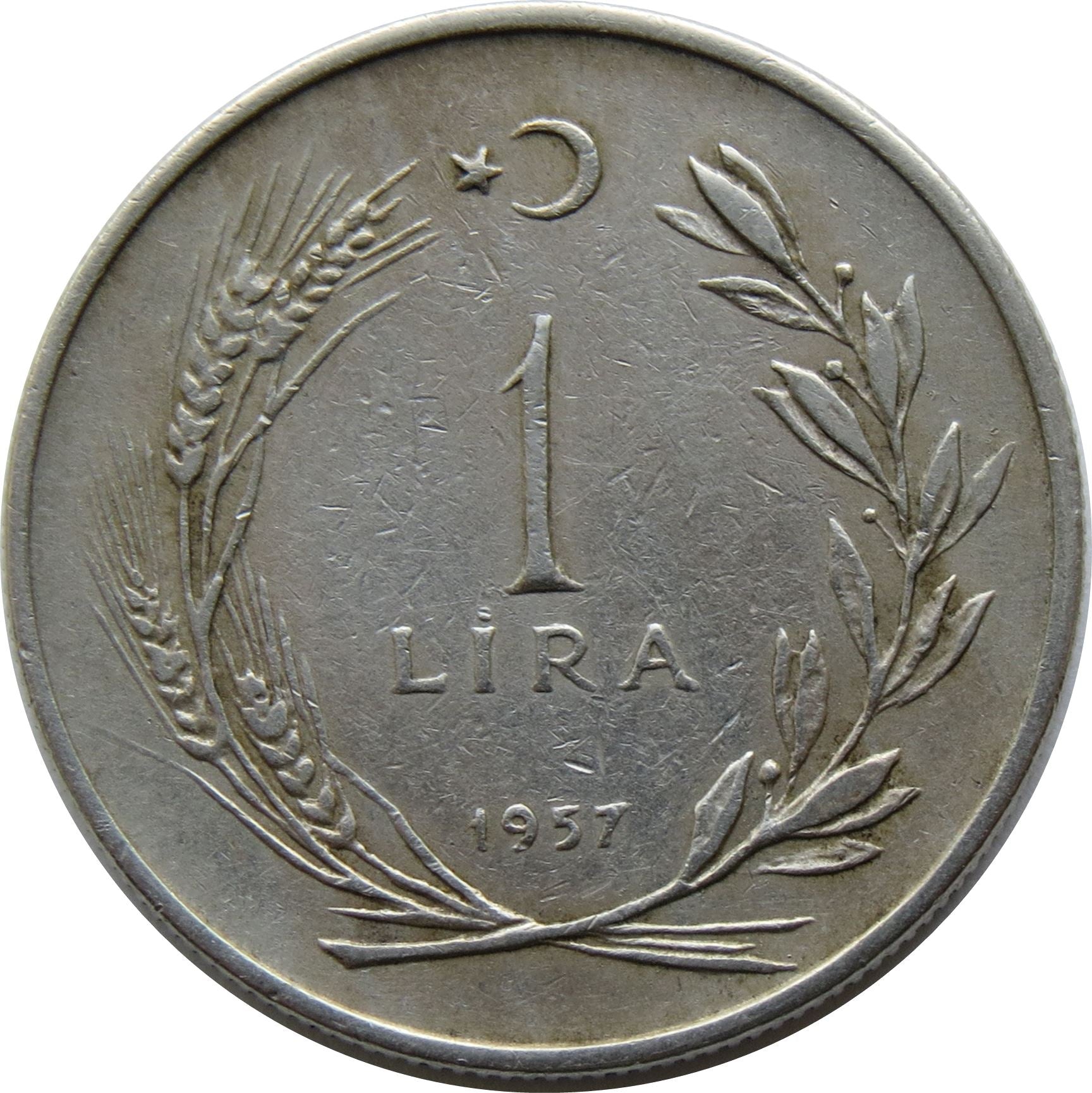 Turkey Coin Turkish 1 Lira | President Mustafa Kemal Ataturk | Moon Star | KM889 | 1957