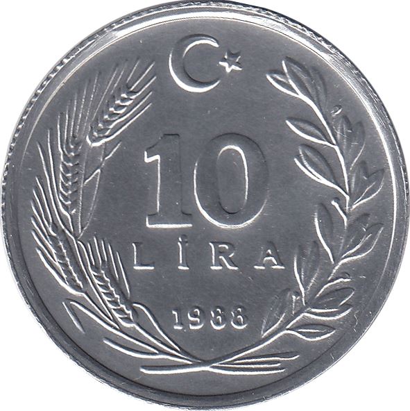 Turkey Coin Turkish 10 Lira | President Mustafa Kemal Ataturk | Moon Star | KM964 | 1984 - 1989