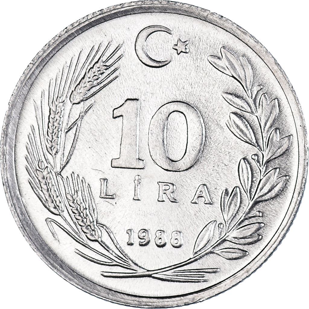 Turkey Coin Turkish 10 Lira | President Mustafa Kemal Ataturk | Moon Star | KM964 | 1984 - 1989