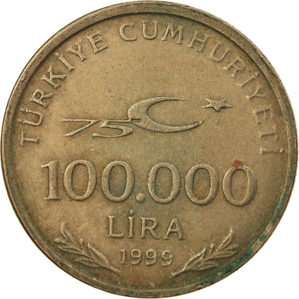 Turkey Coin Turkish 100 000 Lira | 75th Anniversary | Mustafa Kemal Ataturk | KM1078 | 1999 - 2000