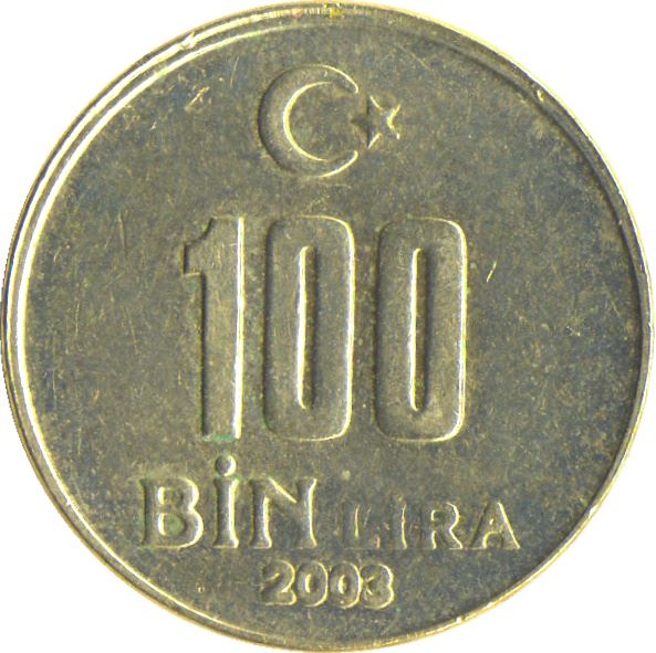 Turkey Coin Turkish 100 000 Lira | President Mustafa Kemal Ataturk | KM1106 | 2001 - 2004