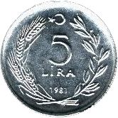 Turkey Coin Turkish 5 Lira | President Mustafa Kemal Ataturk | Horse | KM944 | 1981