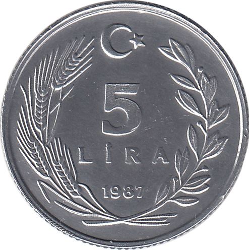 Turkey Coin Turkish 5 Lira | President Mustafa Kemal Ataturk | Moon Star | KM963 | 1984 - 1989