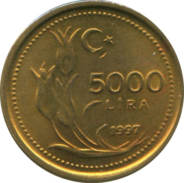 Turkey Coin Turkish 5000 Lira | President Mustafa Kemal Ataturk | Tulip | KM1029.1 | 1995 - 2000