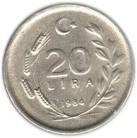 Turkey | Turkish | 20 Lira Coin | President Mustafa Kemal Ataturk | Moon Star | KM965 | 1984