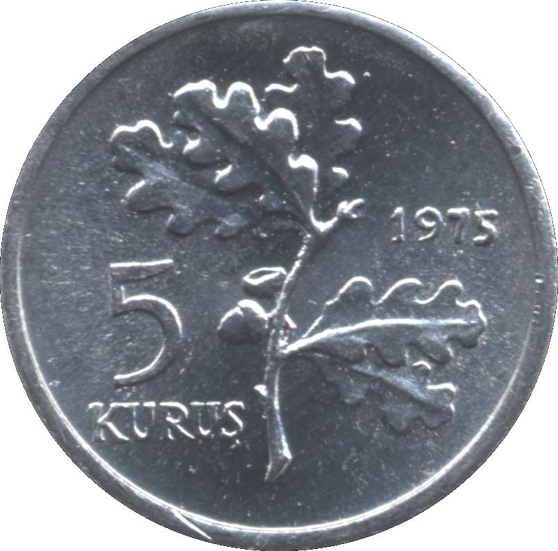 Turkey | Turkish 5 Kurus Coin | Moon Star | Istanbul | KM890a | 1975 - 1977