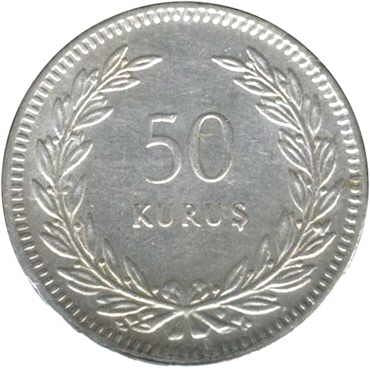 Turkey | Turkish 50 Kurus Coin | Moon Star | Istanbul | KM882 | 1947 - 1948