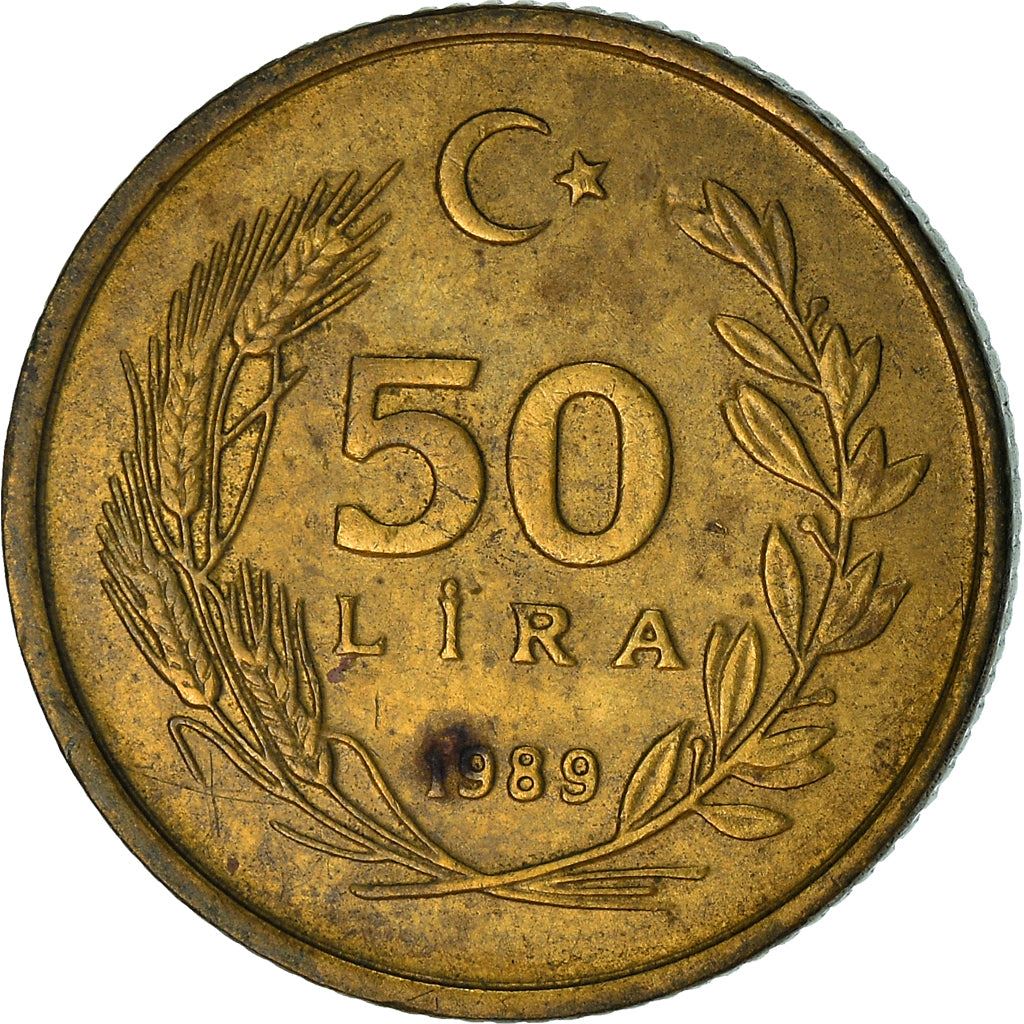 Turkey | Turkish 50 Lira Coin | President Mustafa Kemal Ataturk | Moon Star | KM987 | 1988 - 1994