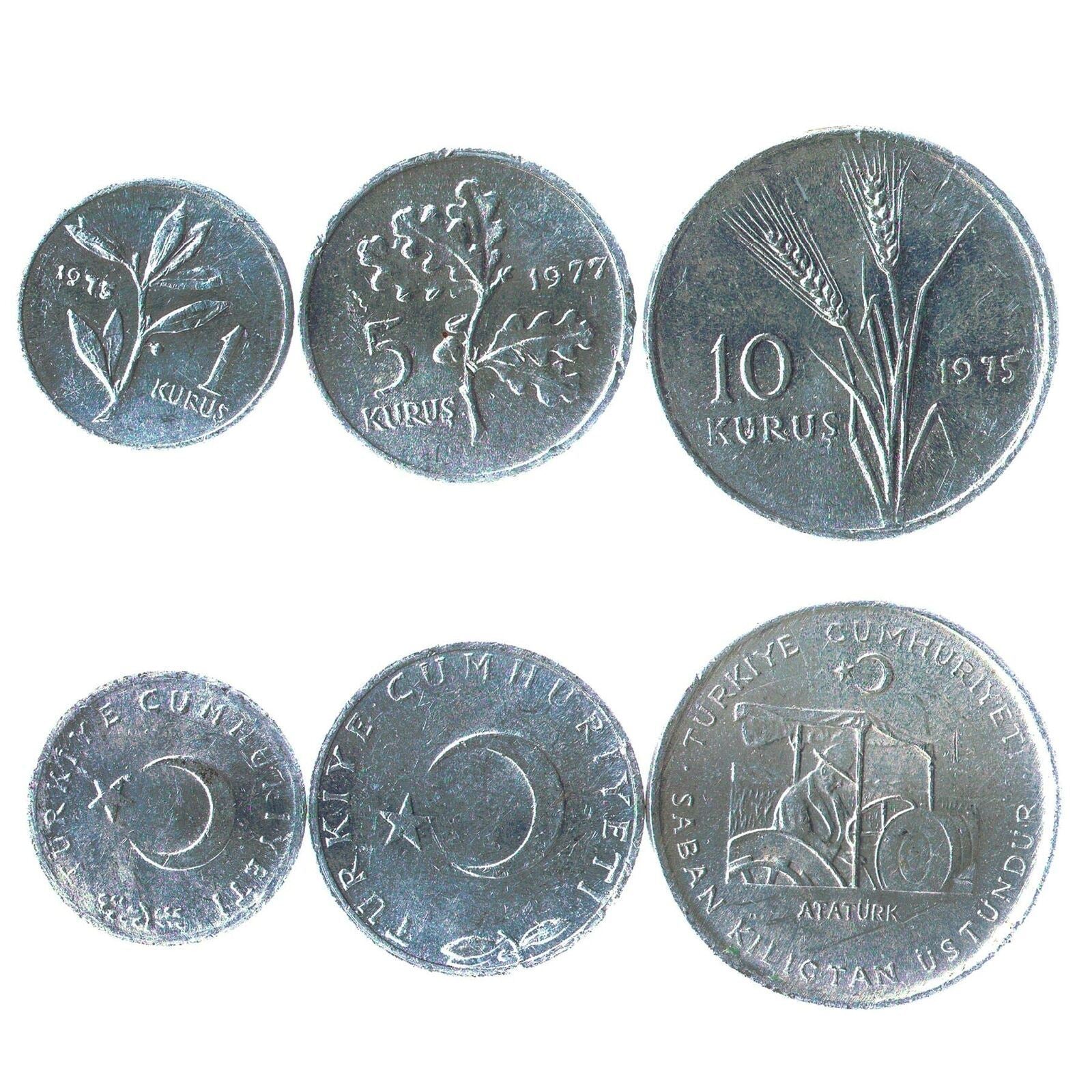 Turkish 3 Coin Set 1 5 10 Kuruş | Crescent And Star | Turkey | 1975 - 1977