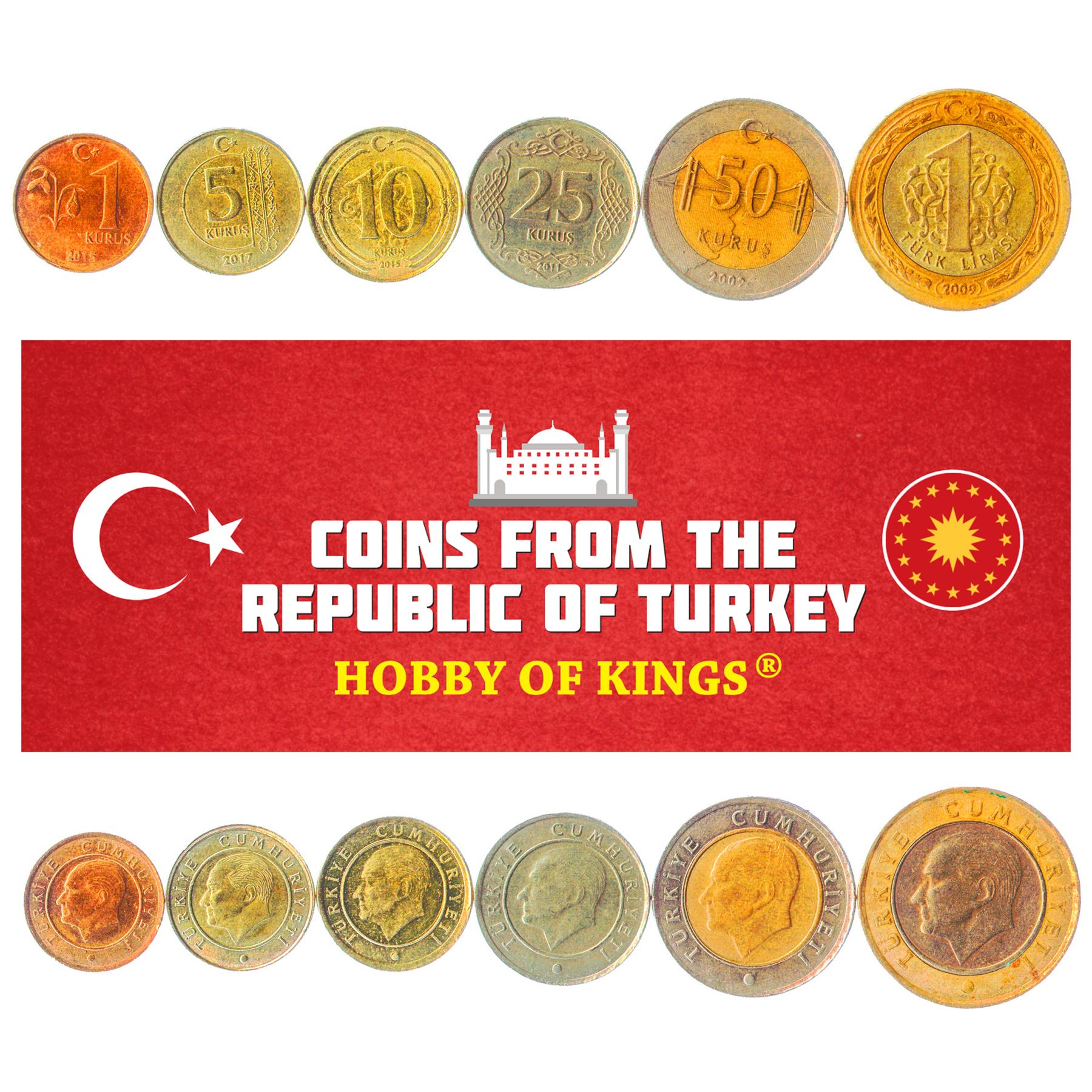 Turkish 6 Coin Set 1 5 10 25 50 Kuruş 1 Lira | Mustafa Kemal Atatürk | Bosphorus Bridge | Snowdrop | Crescent And Star | Turkey | 2009 - 2022