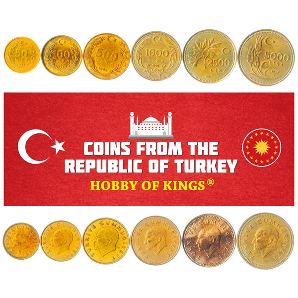 Turkish 6 Coin Set 50 100 500 1000 2500 5000 Lira Mustafa Kemal Atat