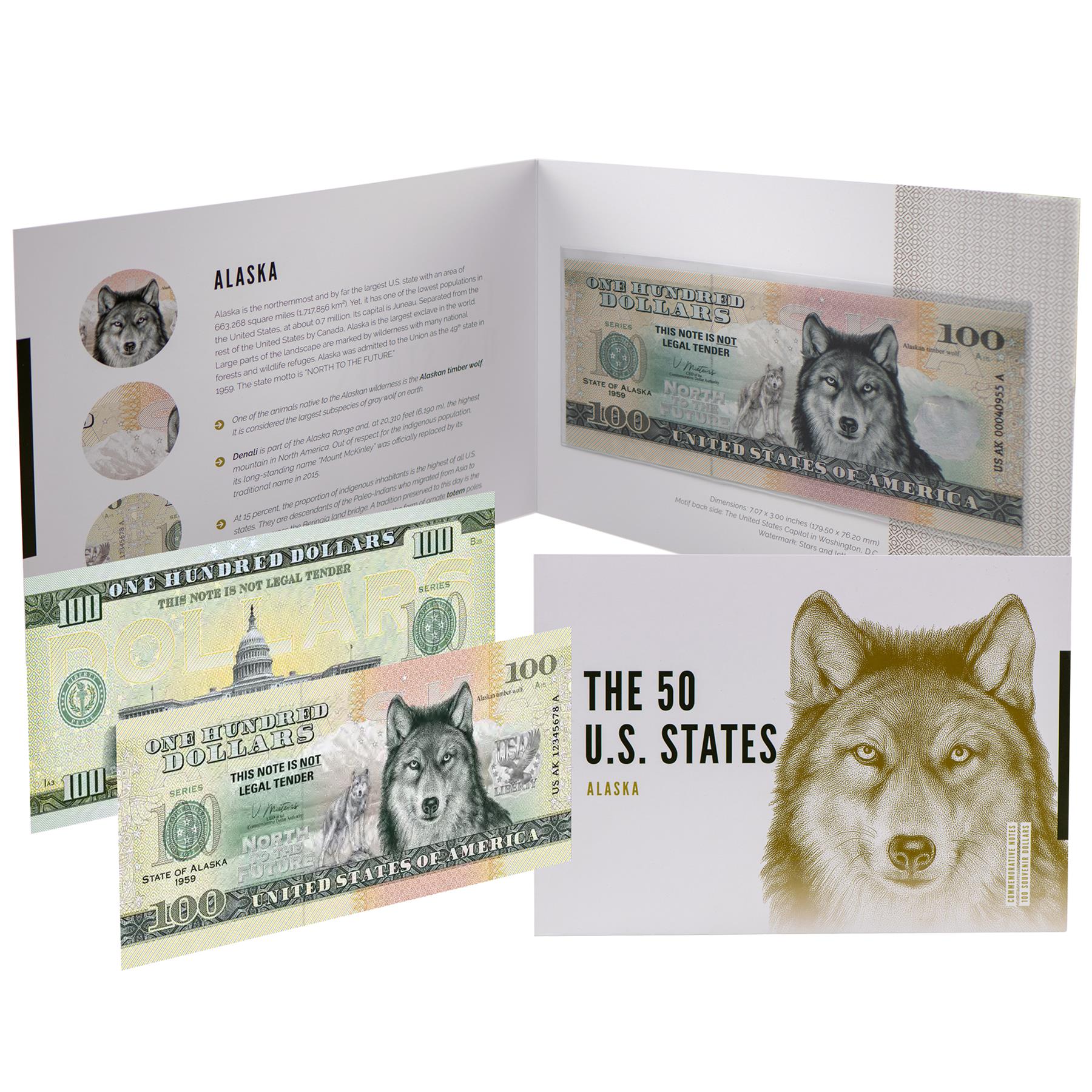 USA 100 Dollar Note | Alaska Commemorative Souvenir | Alaskan Timber Wolf | Denali | Totem Pole | The 50 U.S. States Edition