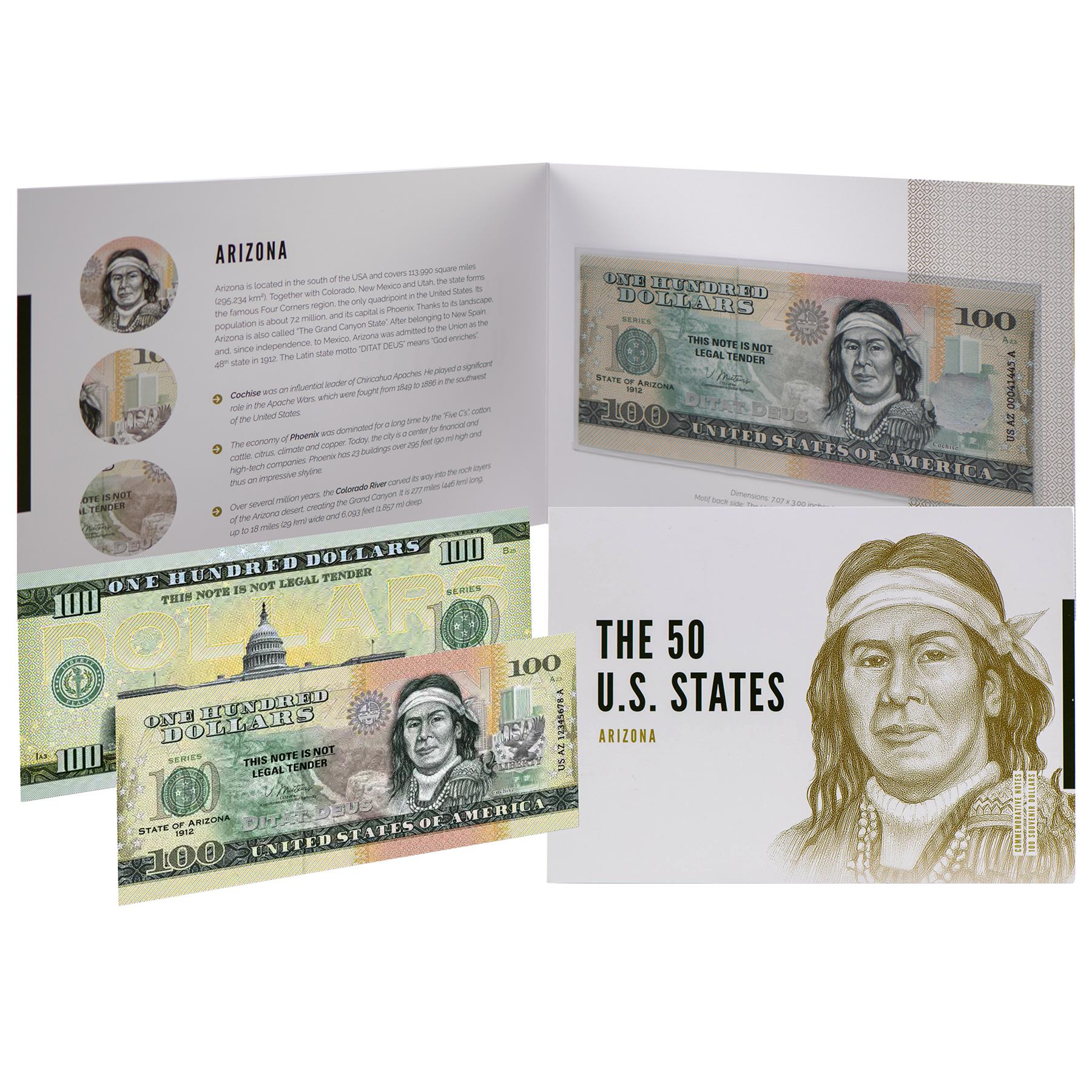 USA 100 Dollar Note | Arizona Commemorative Souvenir | Cochise | Grand Canyon | Phoenix Skyline | The 50 U.S. States Edition