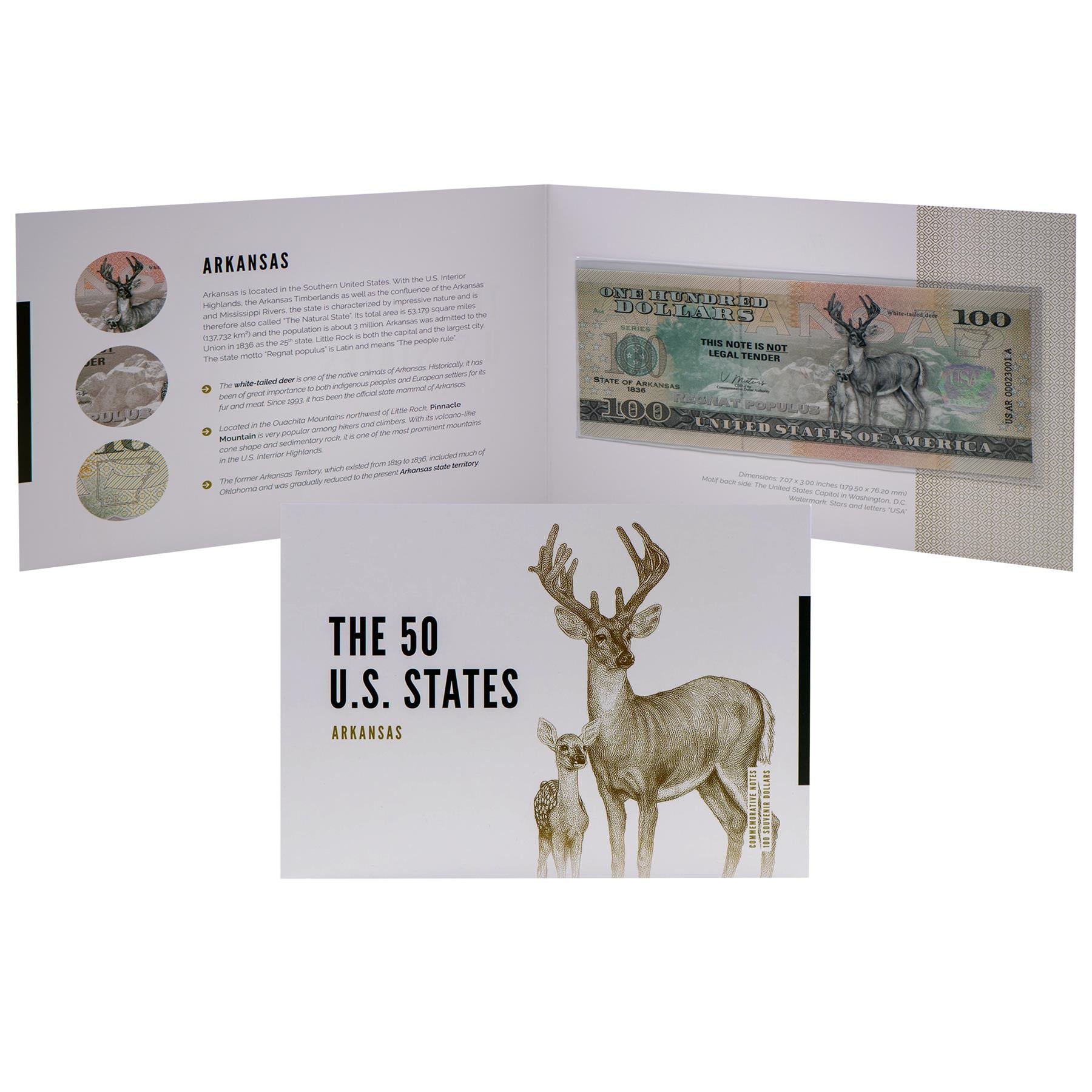 USA 100 Dollar Note | Arkansas Commemorative Souvenir | White-Tailed Deer | Pinnacle Mountain Landscape | The 50 U.S. States Edition