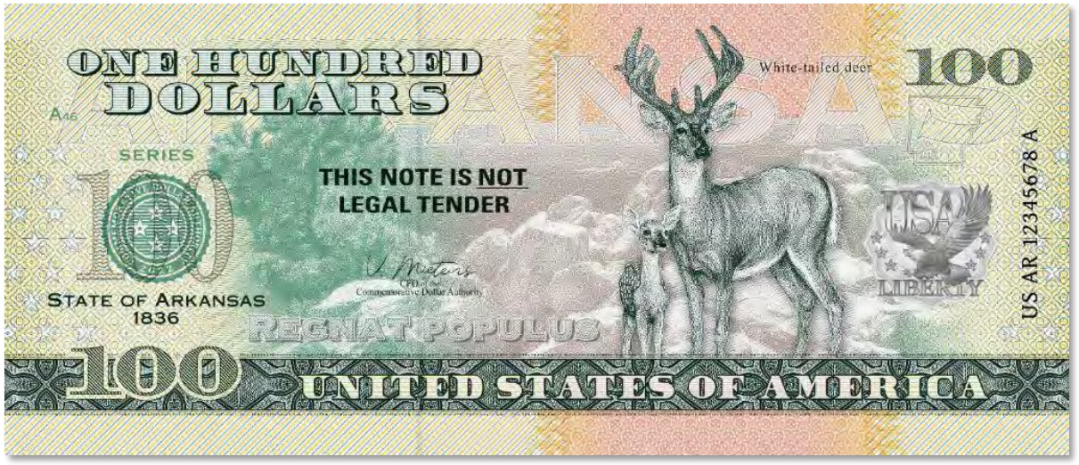 USA 100 Dollar Note | Arkansas Commemorative Souvenir | White-Tailed Deer | Pinnacle Mountain Landscape | The 50 U.S. States Edition