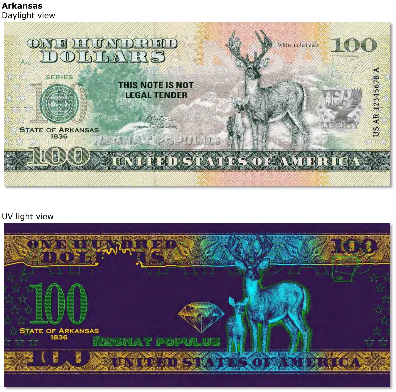 USA 100 Dollar Note | Arkansas Commemorative Souvenir | White-Tailed Deer | Pinnacle Mountain Landscape | The 50 U.S. States Edition