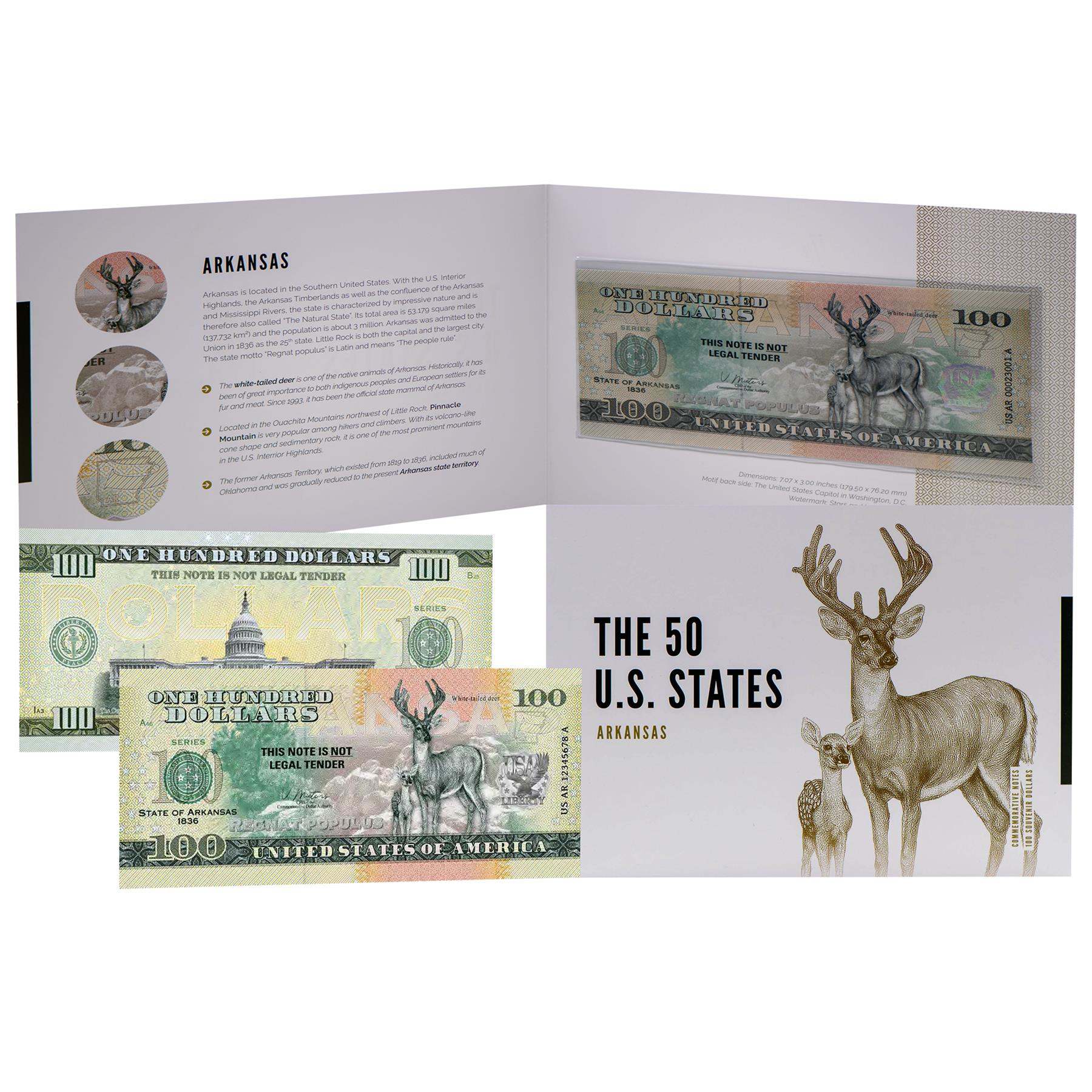 USA 100 Dollar Note | Arkansas Commemorative Souvenir | White-Tailed Deer | Pinnacle Mountain Landscape | The 50 U.S. States Edition