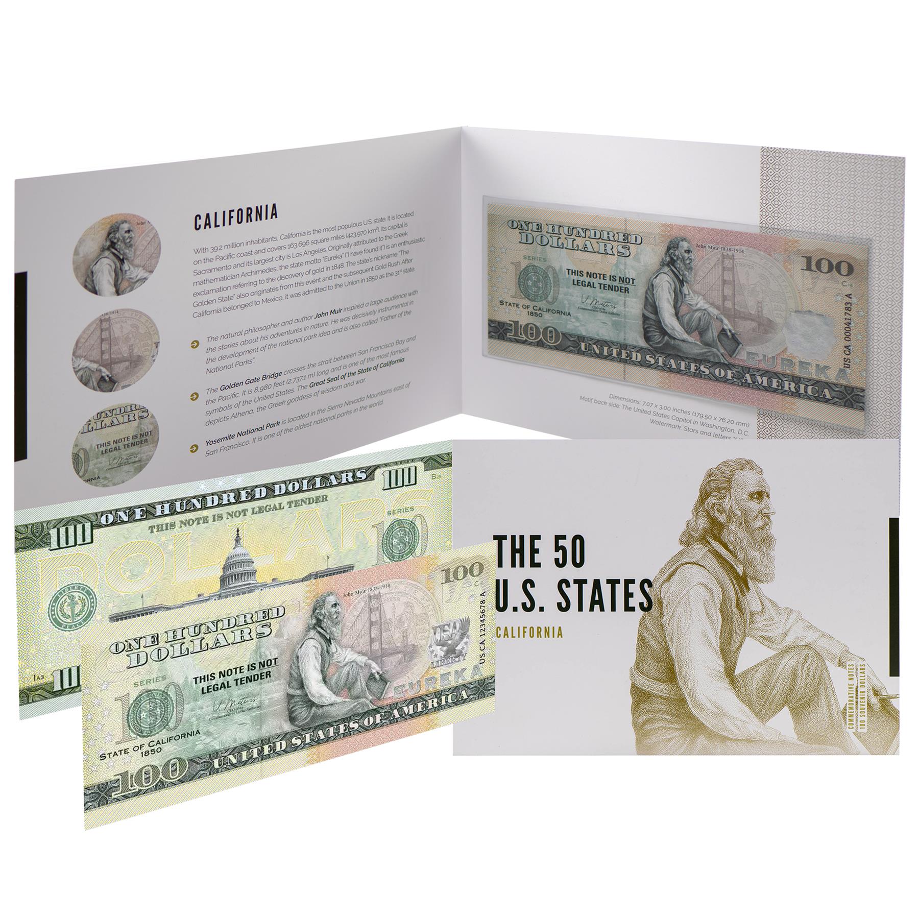 USA 100 Dollar Note | California Commemorative Souvenir | John Muir | Golden Gate Bridge | Yosemite National Park | The 50 U.S. States Edition