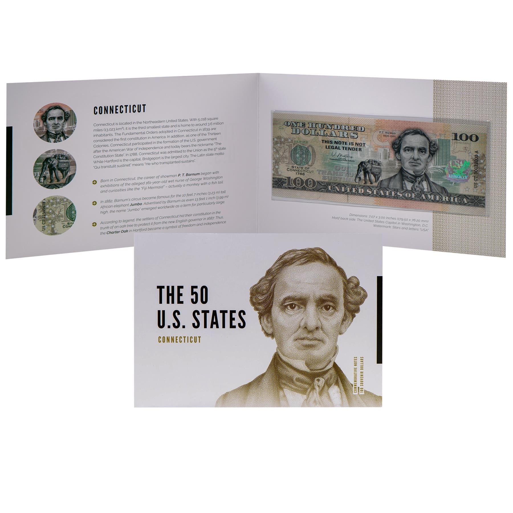 USA 100 Dollar Note | Connecticut Commemorative Souvenir | P.T. Barnum Portrait | Jumbo Drawing | The 50 U.S. States Edition