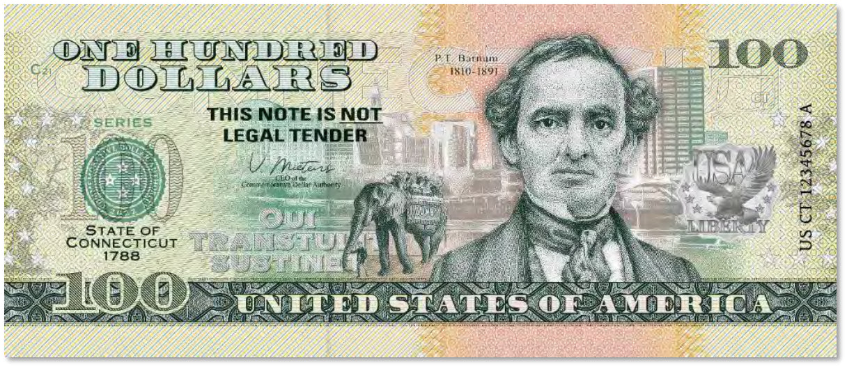 USA 100 Dollar Note | Connecticut Commemorative Souvenir | P.T. Barnum Portrait | Jumbo Drawing | The 50 U.S. States Edition