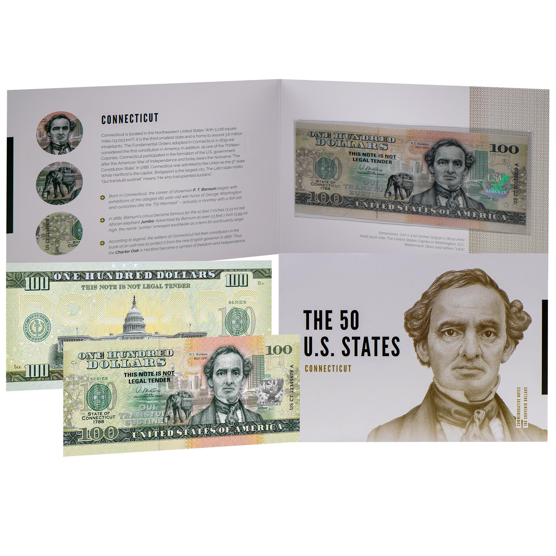 USA 100 Dollar Note | Connecticut Commemorative Souvenir | P.T. Barnum Portrait | Jumbo Drawing | The 50 U.S. States Edition