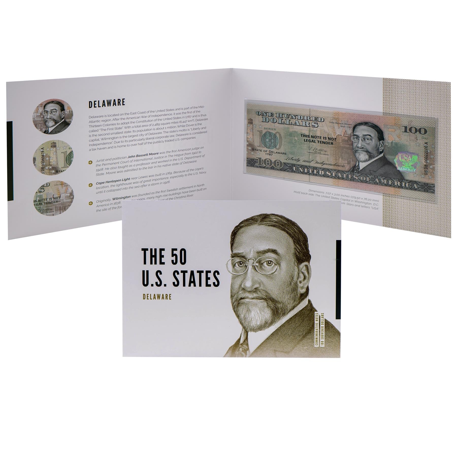 USA 100 Dollar Note | Delaware Commemorative Souvenir | John Bassett Moore Portrait | Wilmington Skyline | The 50 U.S. States Edition