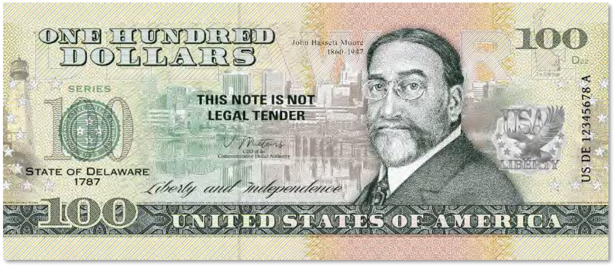 USA 100 Dollar Note | Delaware Commemorative Souvenir | John Bassett Moore Portrait | Wilmington Skyline | The 50 U.S. States Edition