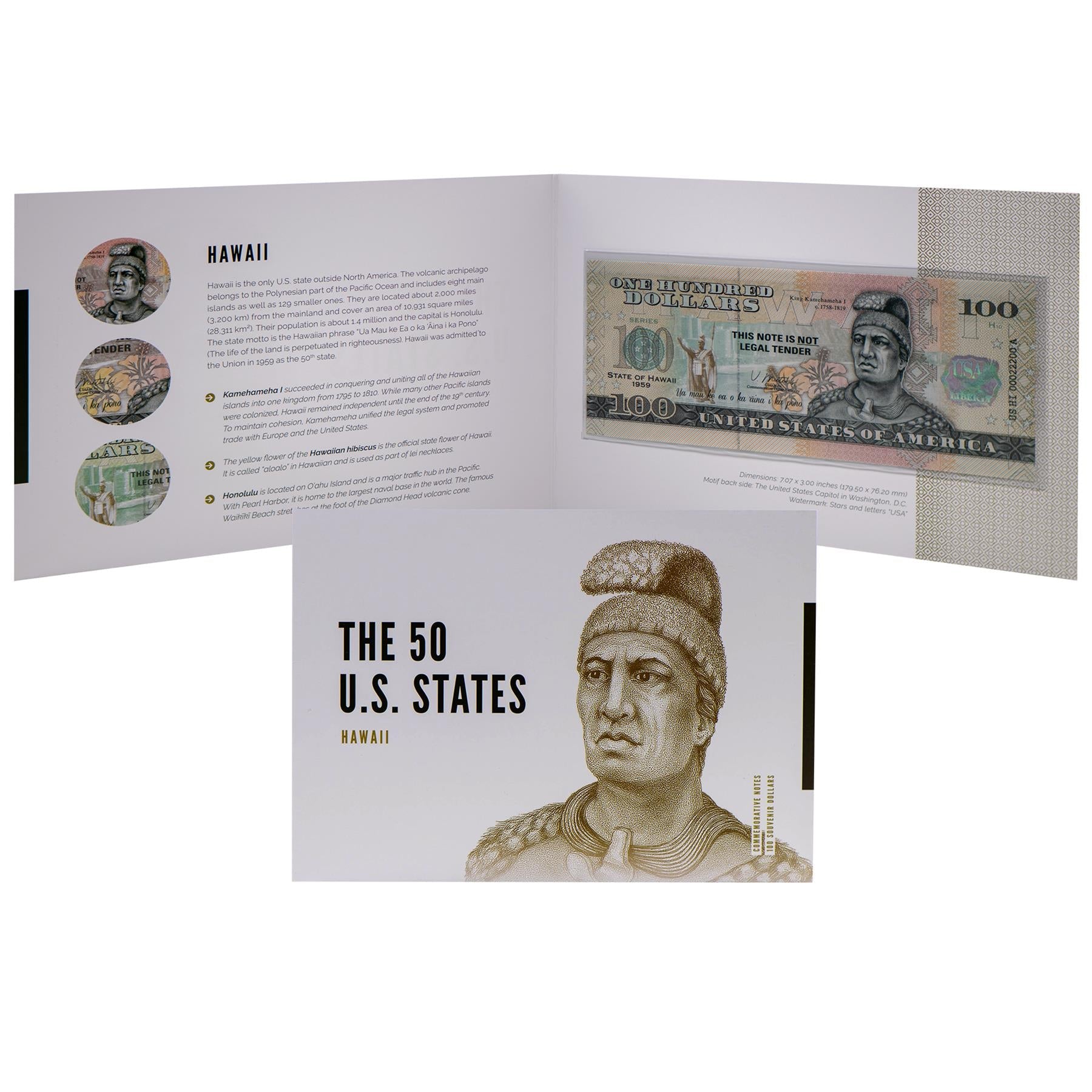 USA 100 Dollar Note | Hawaii Commemorative Souvenir | Kamehameha I Portrait | Waik��k�� Beach | The 50 U.S. States Edition