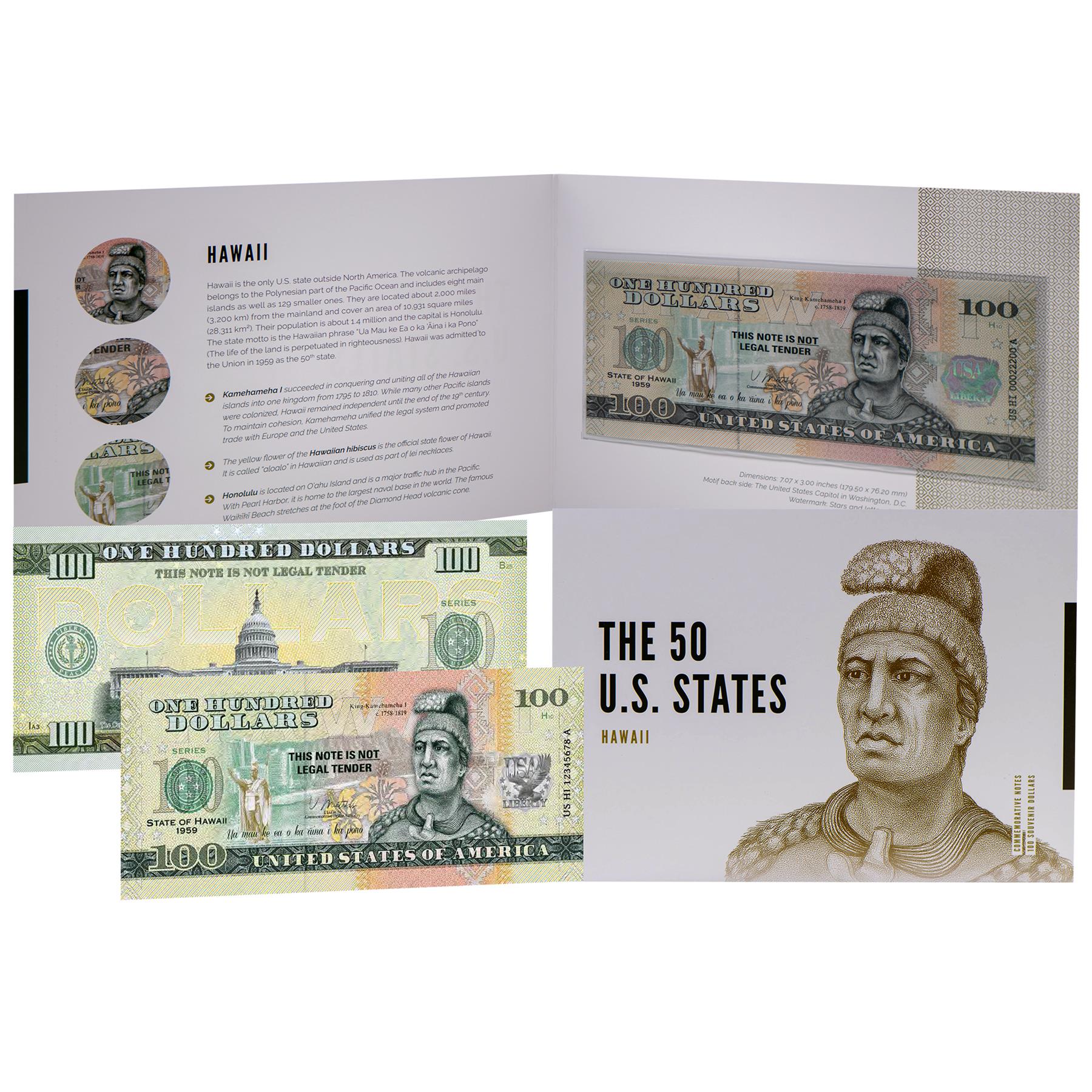 USA 100 Dollar Note | Hawaii Commemorative Souvenir | Kamehameha I Portrait | Waik��k�� Beach | The 50 U.S. States Edition