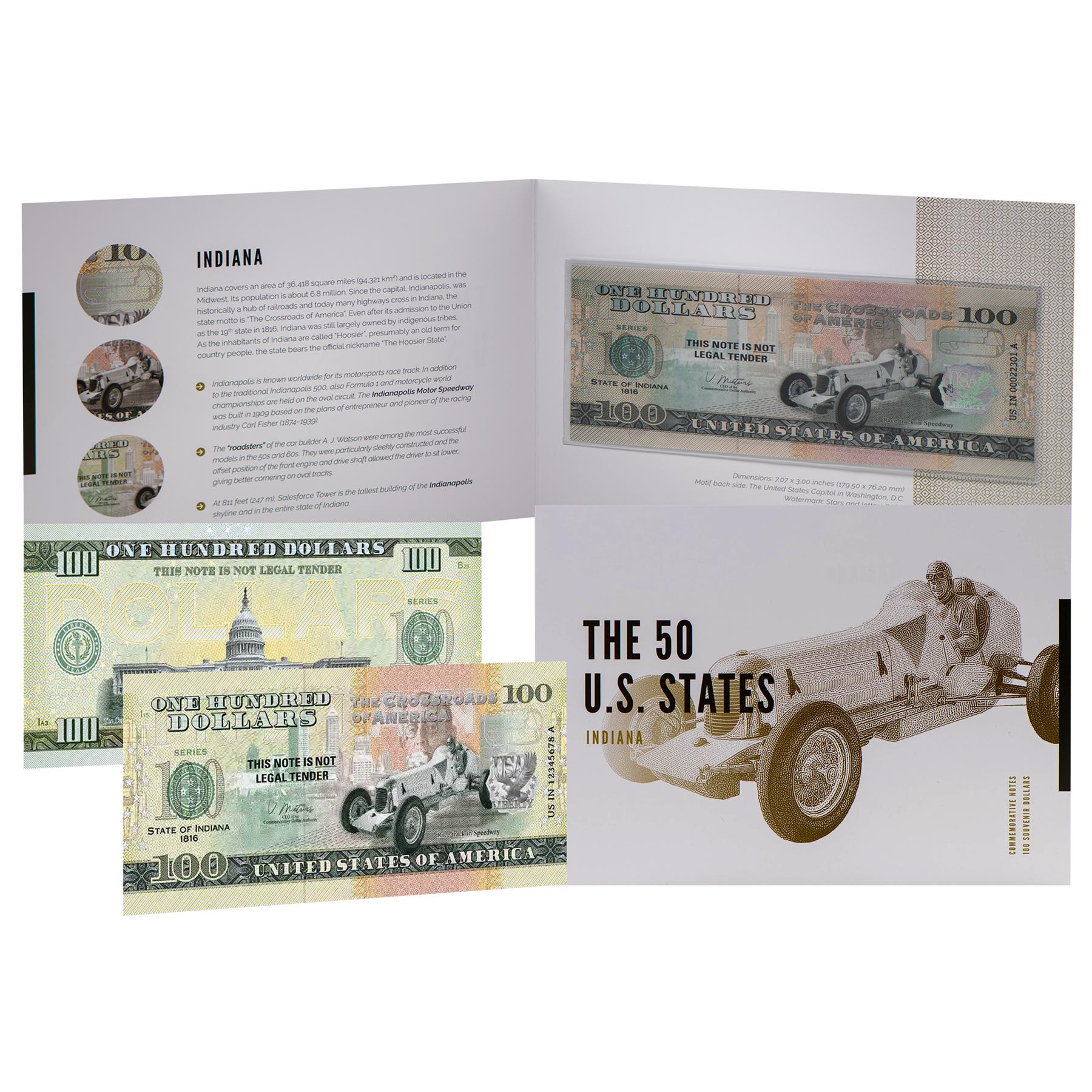 USA 100 Dollar Note | Indiana Commemorative Souvenir | Carl Fisher Portrait | Indianapolis Speedway | The 50 U.S. States Edition