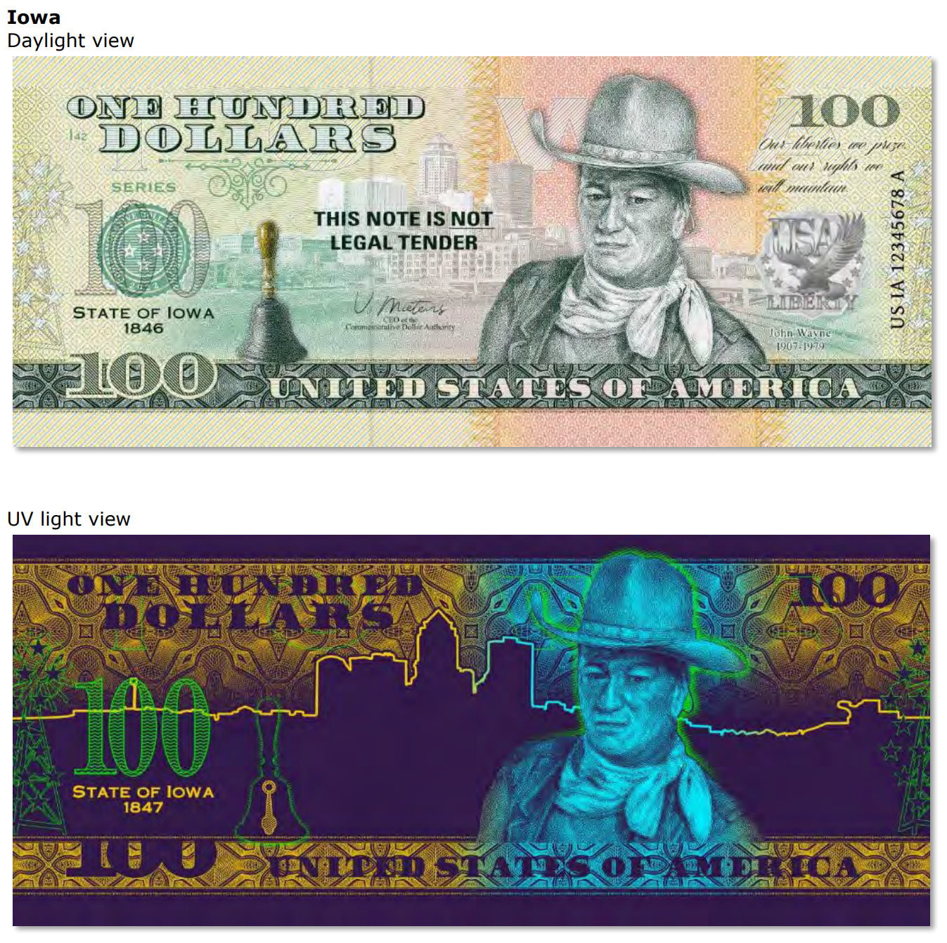 USA 100 Dollar Note | Iowa Commemorative Souvenir | John Wayne | One-Room School Bell | The 50 U.S. States Edition