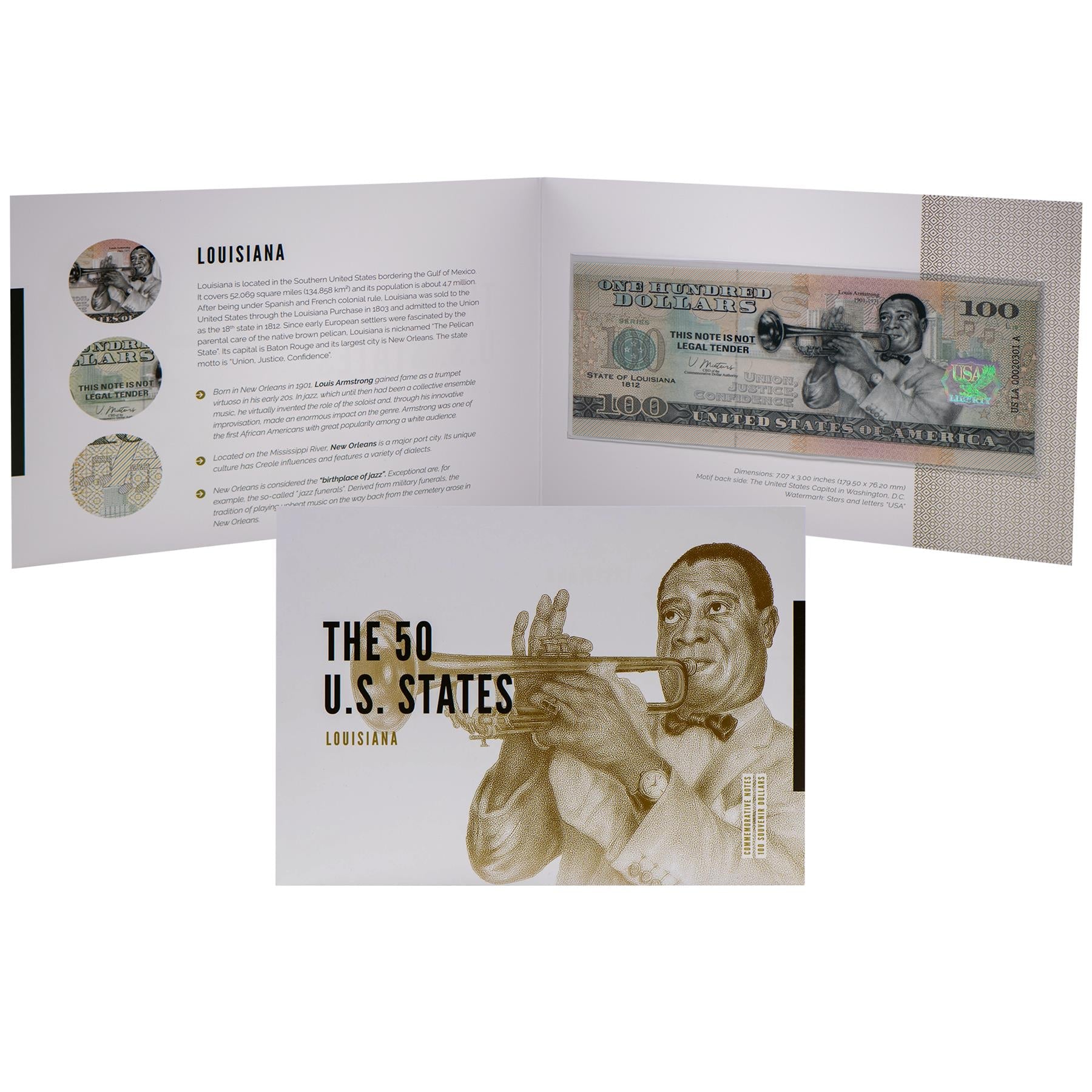 USA 100 Dollar Note | Louisiana Commemorative Souvenir | Louis Armstrong Portrait | New Orleans Skyline | Jazz Trumpet | The 50 U.S. States Edition