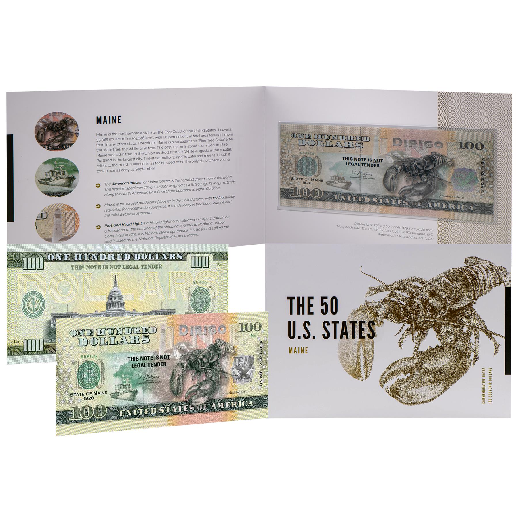 USA 100 Dollar Note | Maine Commemorative Souvenir | Maine Lobster | Portland Head Light Lighthouse | Pine Tree Branches | The 50 U.S. States Edition