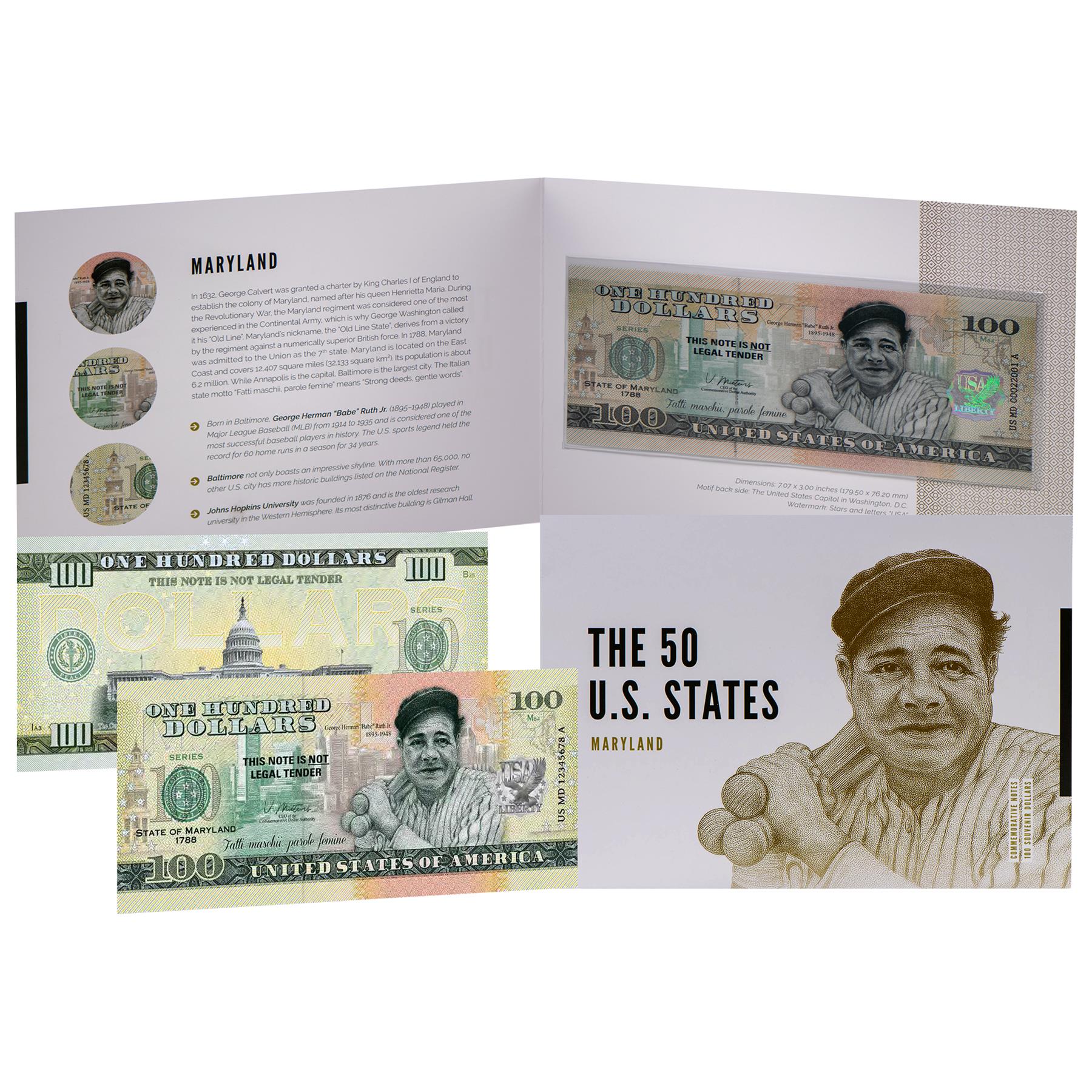 USA 100 Dollar Note | Maryland Commemorative Souvenir | Babe Ruth Jr. | Baltimore Skyline | Johns Hopkins University | White Oak | The 50 U.S. States Edition